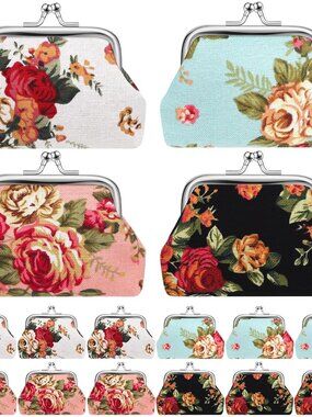 16 Pcs Vintage Canvas Floral Kiss Lock Coin Purses Bulk Rose Flower Change Walle